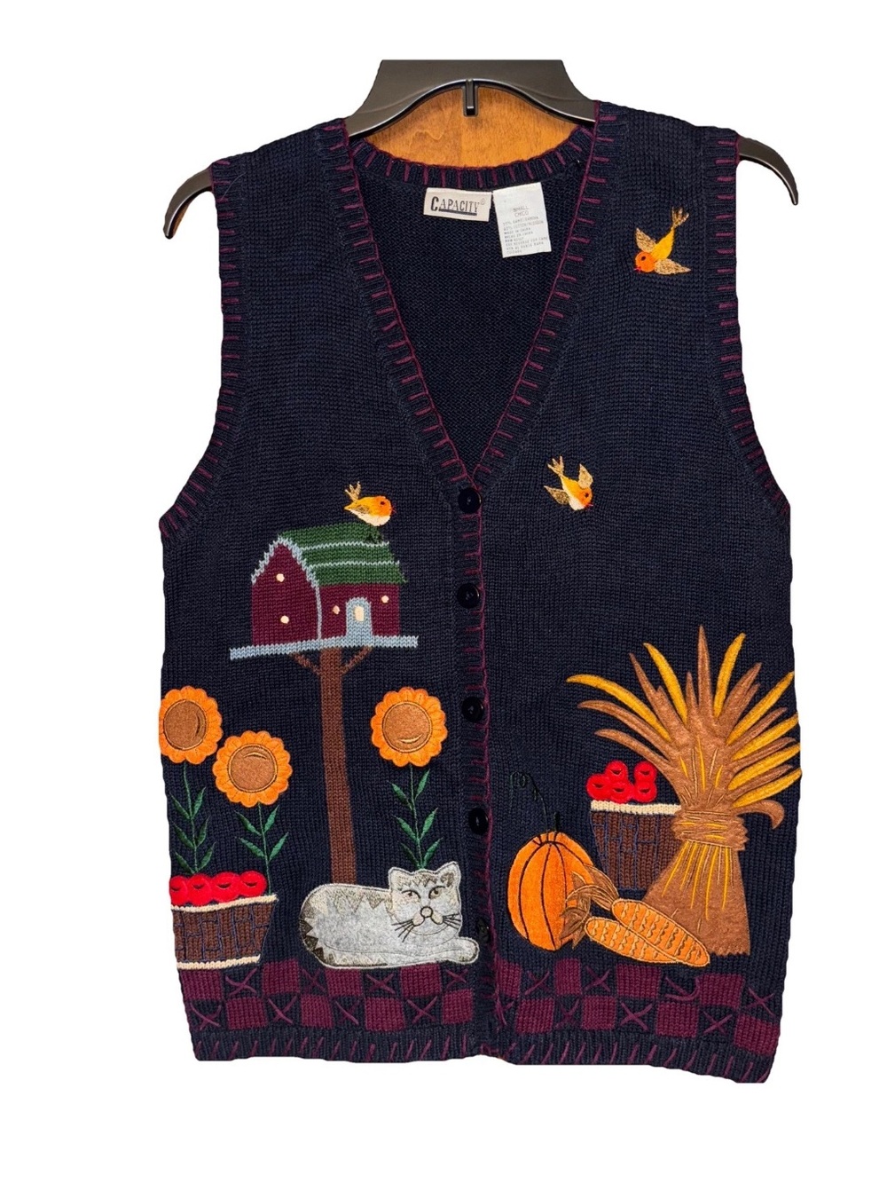Women’s Capacity small Navy Embroidered Farm Vest Autumn Fall pumpkin cat
